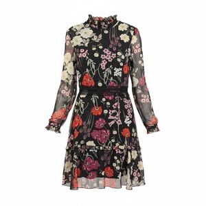 Donna Morgan Black Floral Long Sleeve Ruffle Neck Dress